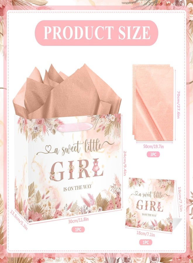 Wayyogh Baby Shower Paper Bag, Pink Floral Sweet Baby Girl Gift Bag with Tissue Paper and Card Boho Dried Flowers Wrap Bag with Handle for Baby Shower Birthday Gender Reveal Party Favors Decorations Supplies - Image 4